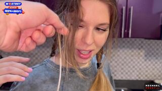She craves kitchen trysts and swallows cum with her hair styled