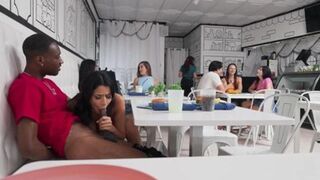 Old pervs get drilled by school girls in a public coffee shop, Roxie Sinner
