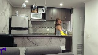 Busty Maid Turns Hot While Cleaning, Self-Fingers, Mouth-Fucks Me, Swallows Seeds
