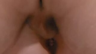 Close-up, deep inside her, deep creampie till it drops out of tasty pussy