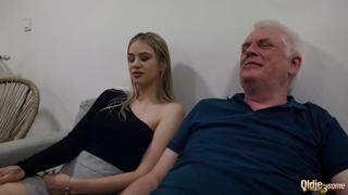 Two gorgeous young vaginas indulge in a hot granny spank session with a sly old guy