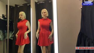 Naked girl with a big tits in the public locker room, try on transparent clothes