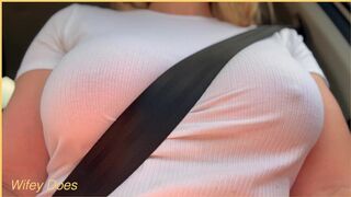 Wifey with perfect braless tits flashing in the car