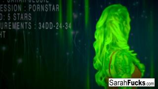 Sarah receives explosive facial cum shots on her ample breast