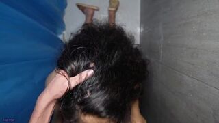 My milf neighbor sucks my cock secretly in the bathroom —  she deepthroats —  cum on her face and tits