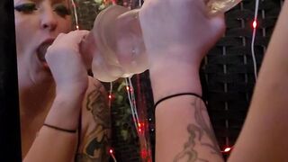 Redhead trains and tries to deepthroat on mirror with huge toy cock