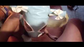 Milf blowjob POV with my wife beautiful body covered only by pantyhose and heels, mask with pigtails