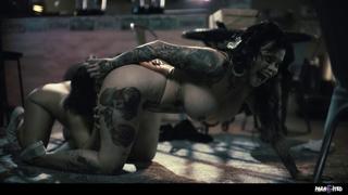 Quagmire queen flaunts inked and jigged behemoths, lesbian lust fest ignites